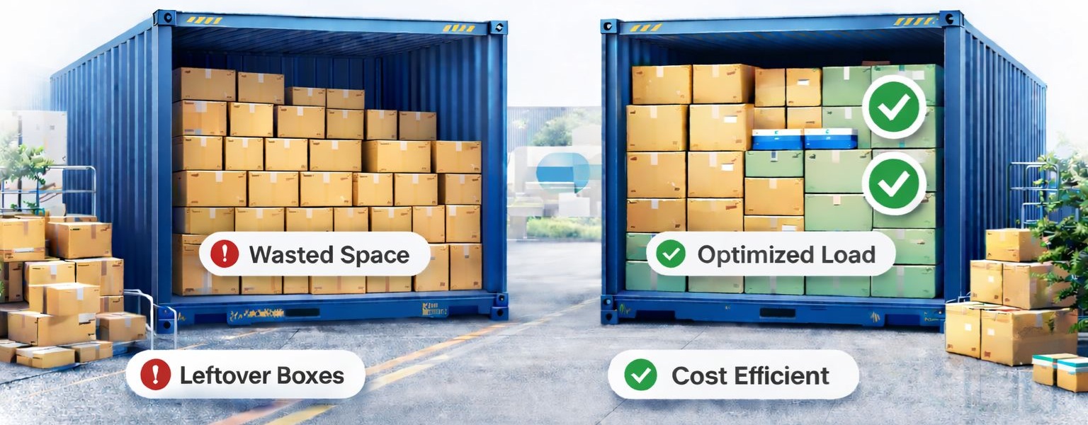 Before and after comparison of container load planning showing wasted space without validation versus optimized shipment load after validation
